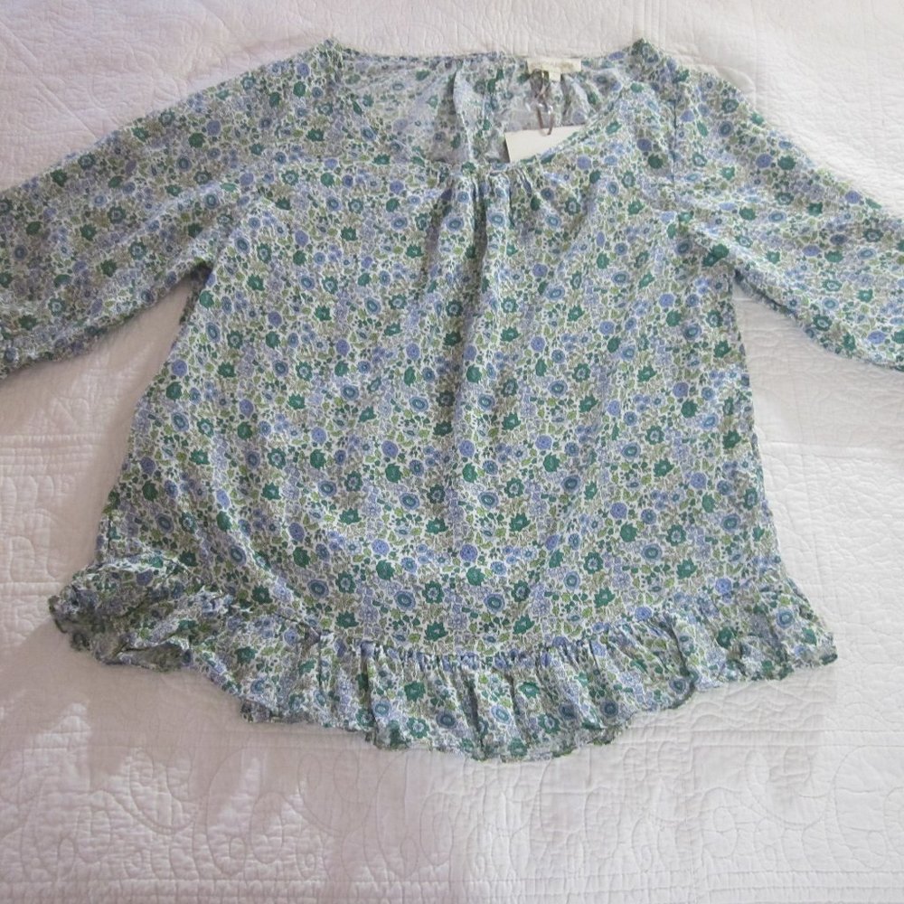 Cynthia Rowley Top L Blue/Green Floral Ruffle Trim Cottagecore